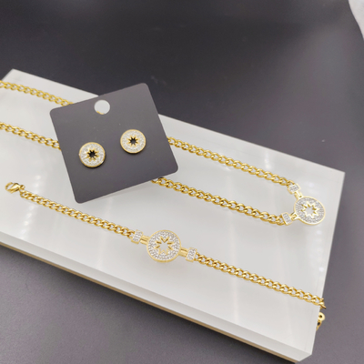 Nieuwe aankomst trendy lijnen nieuwste goudkleur roestvrij staal oorbel, halsketting, armband sets voor dame