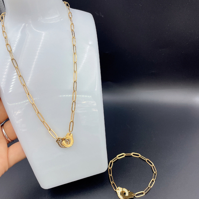 Nieuwste gouden kleur roestvrij staal oorbel, halsketting, armband sets met Cnc Cz voor dame