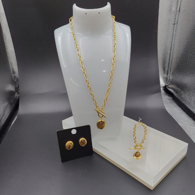 Nieuwste gouden kleur roestvrij staal oorbel, halsketting, armband met steen voor dame