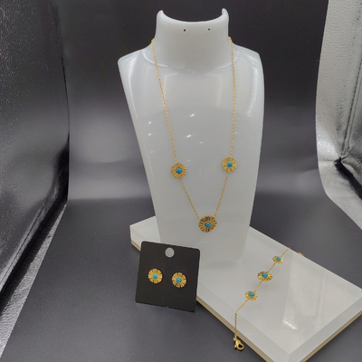 Nieuwste gouden kleur roestvrij staal oorbel, halsketting, armband met groene steen voor dame