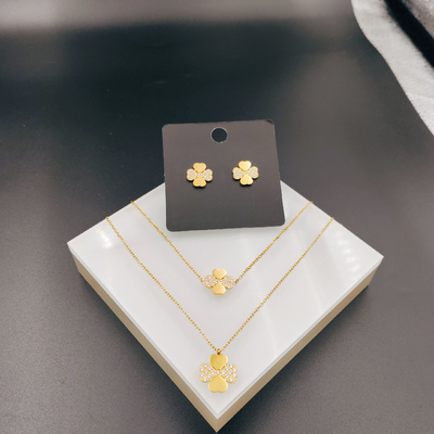 Nieuwe aankomst Trendy High Polish nieuwste gouden kleur roestvrij staal oorbel, halsketting, armbandset met Zirco voor dame