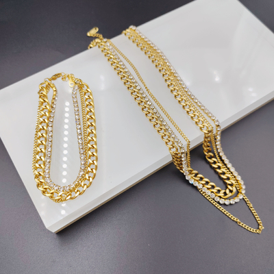 Nieuwe aankomst Trendy High Polish nieuwste gouden kleur roestvrij staal oorbel, halsketting, armband sets voor dame