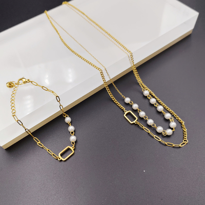 Nieuwe aankomst Trendy Pearl Double Lines nieuwste gouden kleur roestvrij staal oorbel, ketting, armband voor dame
